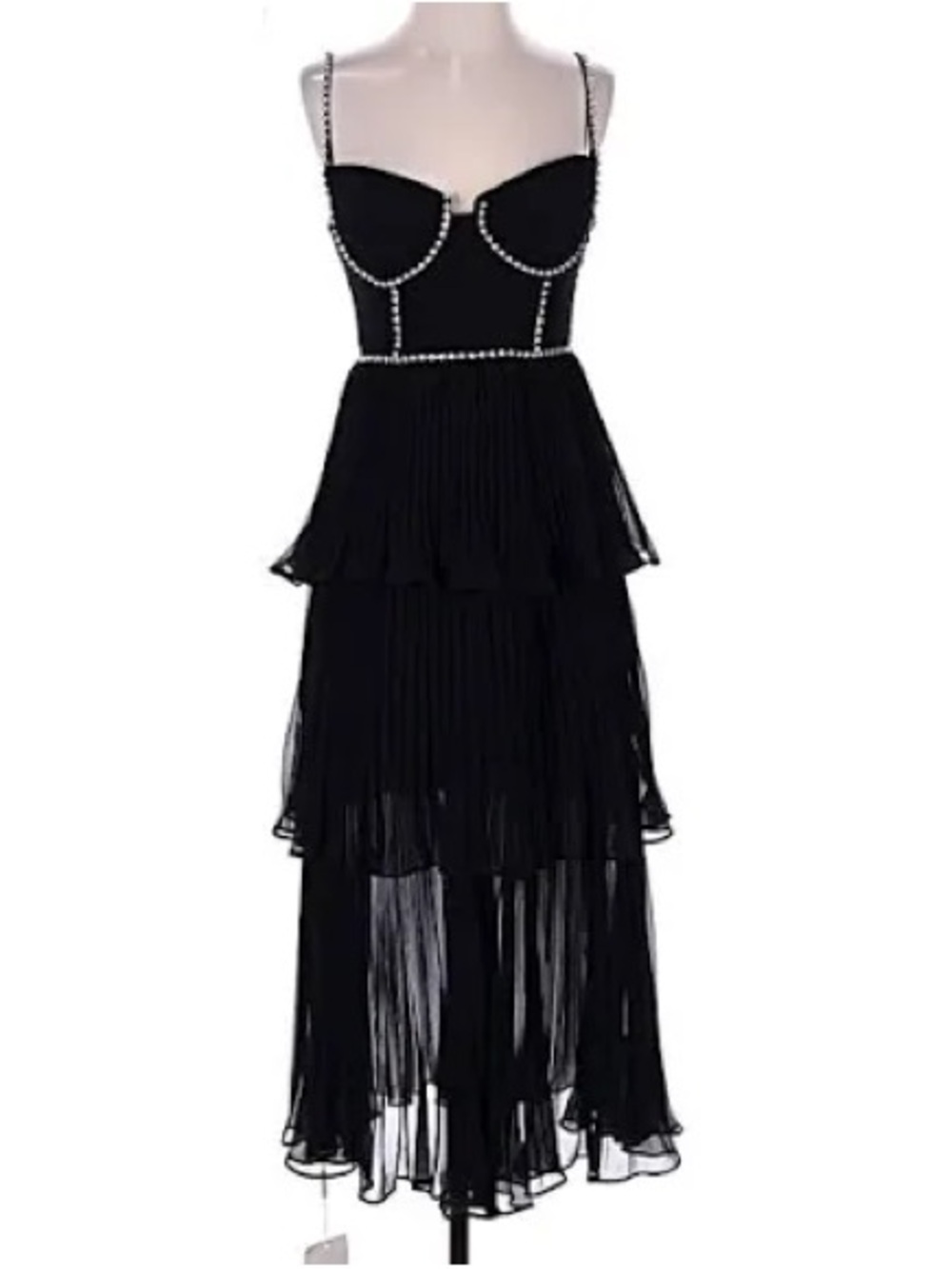 Self-Portrait Black Tiered Pleated Midi Dress with Crystal-Trim Straps - Picture 2 of 7
